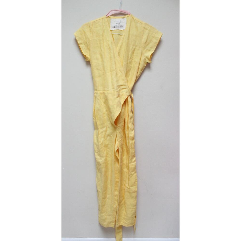 Not Perfect Linen Margaret Yellow Wrap Jumpsuit Size Small